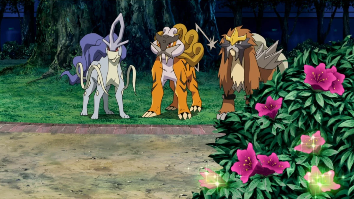 suicune-entei-raiku-pokemon-legendaire-cote-a-cote-devant-des-arbres