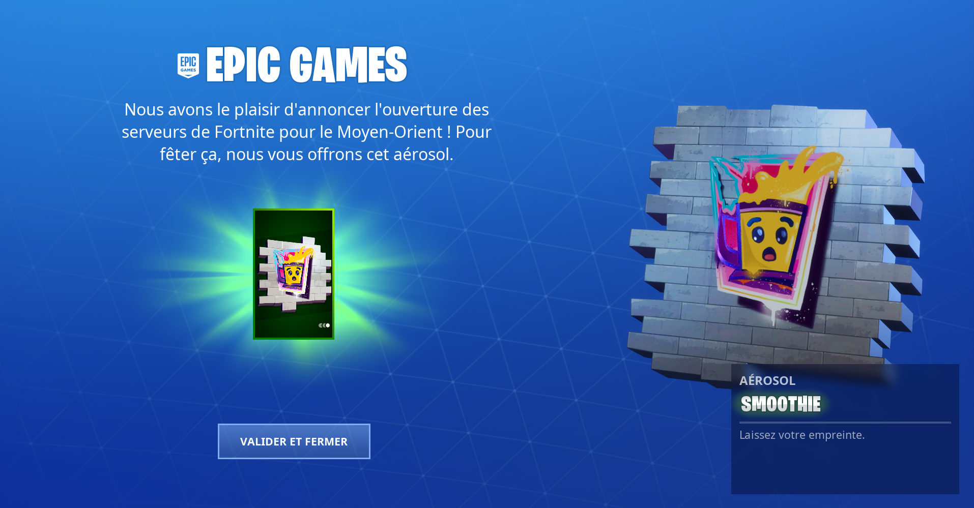 Fortnite-aérosol-gratuit-cadeau-Smoothie-serveurs-Moyen-Orient