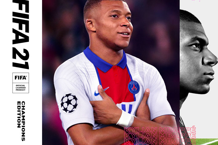 Mbappe sur la jaquette FIFA 21, édition standard, champions et ultimates