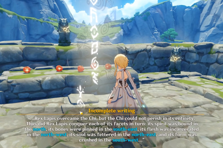 Chercher le fragment en suivant les statues geo sur Genshin Impact, quête du Secret de Chi