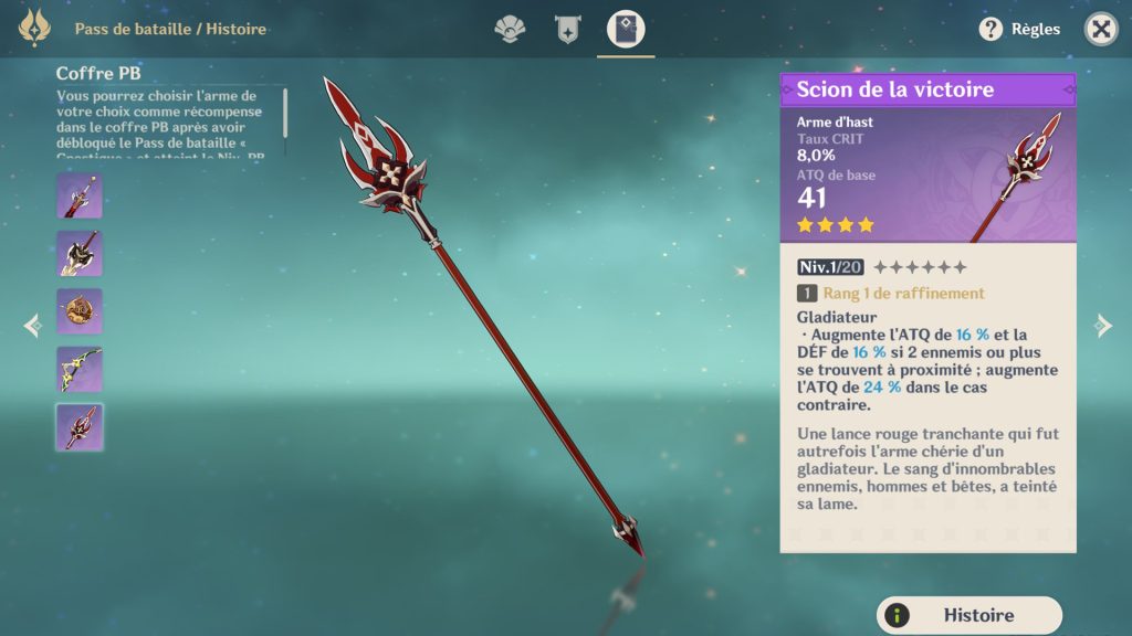 Scion de la victoire Genshin Impact, comment avoir l’arme d’hast ?