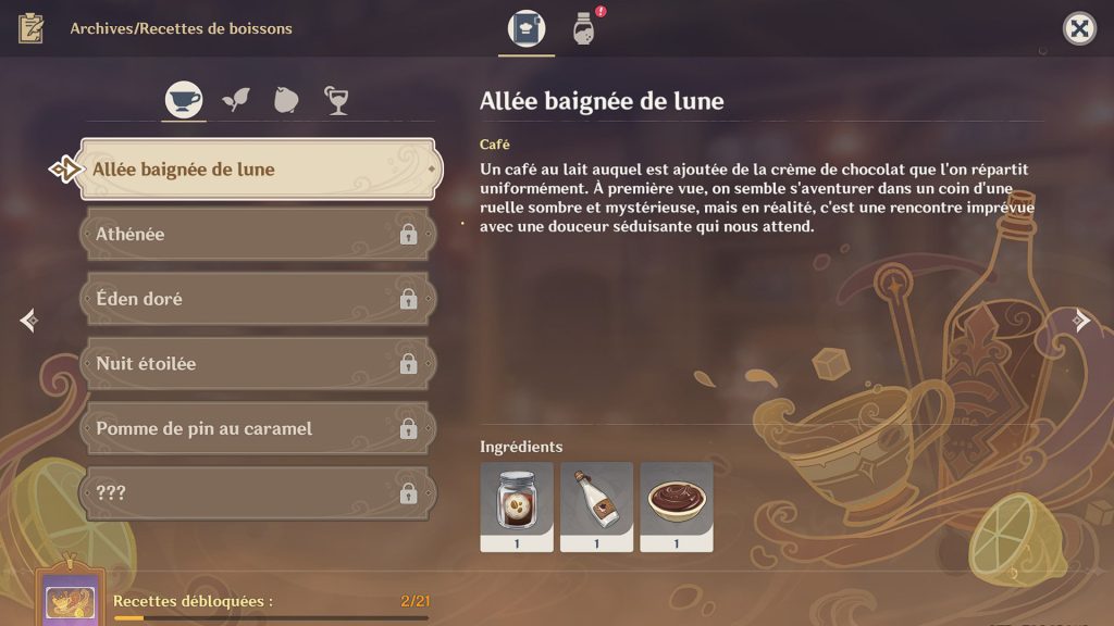 Allée baignée de lune Genshin Impact, recette de la boisson