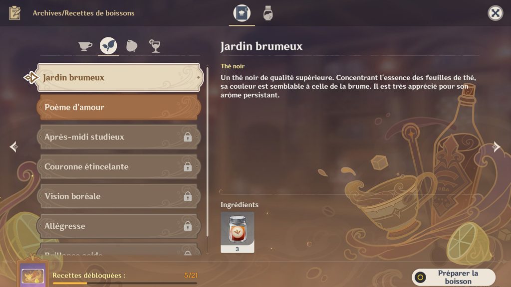 Jardin brumeux Genshin Impact, recette de la boisson