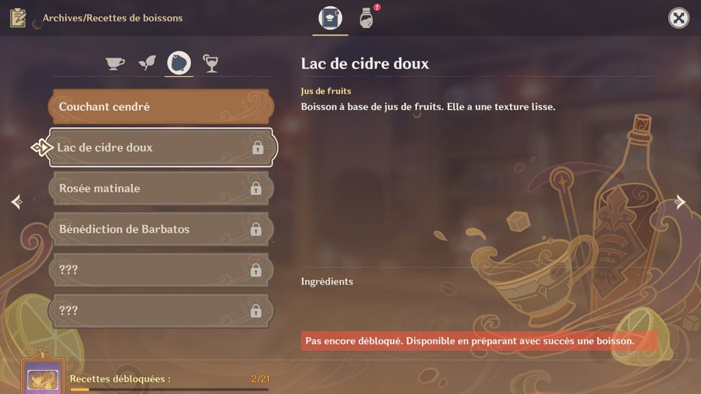 Genshin Impact Lac de cidre doux, recette de la boisson