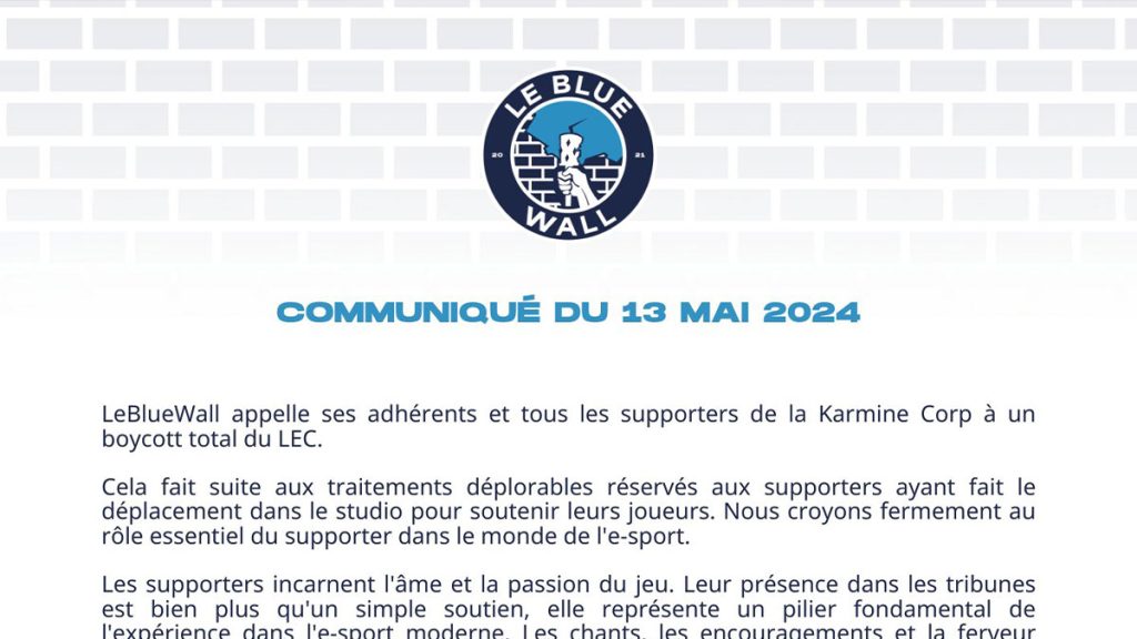 Boycott LEC : le Blue Wall, l’association de fan de la Karmine Corp, appelle à boycotter la compétition européenne de LoL