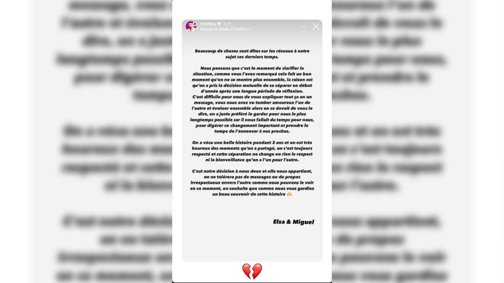 Michou et Elsa Bois annoncent leur séparation : une décision difficile après trois ans d’amour